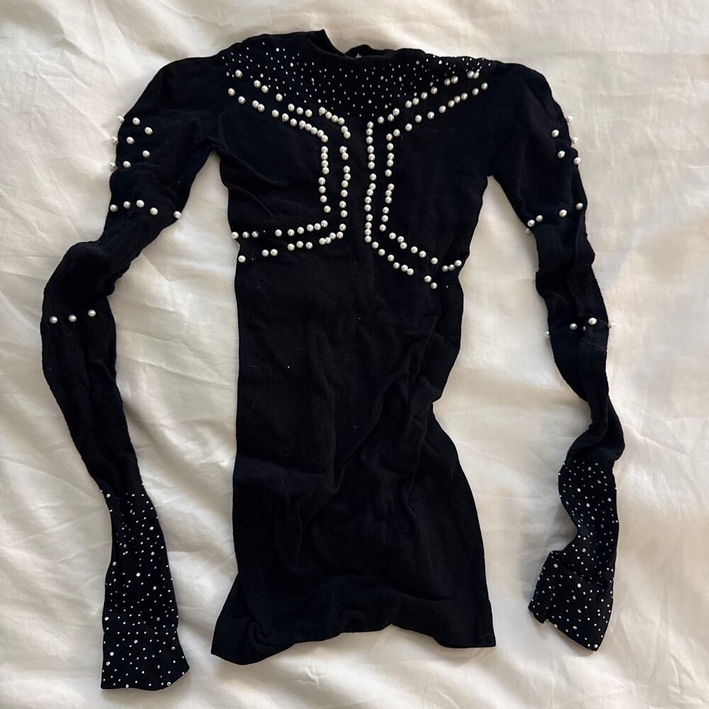 Pearl & Rhinestone Embellished Stretch Long Sleeve